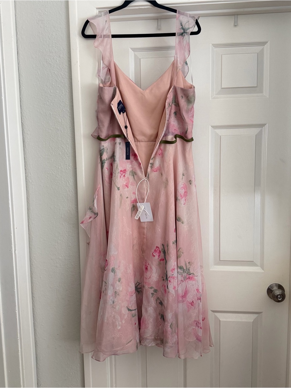 Marchesa Note Pink Floral Ruffled Midi Dress with Olive Waist Tie - Picture 5 of 8